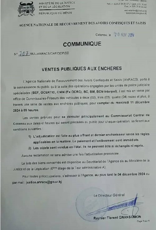 Vente aux enchères publiques de véhicules saisies Communiqué